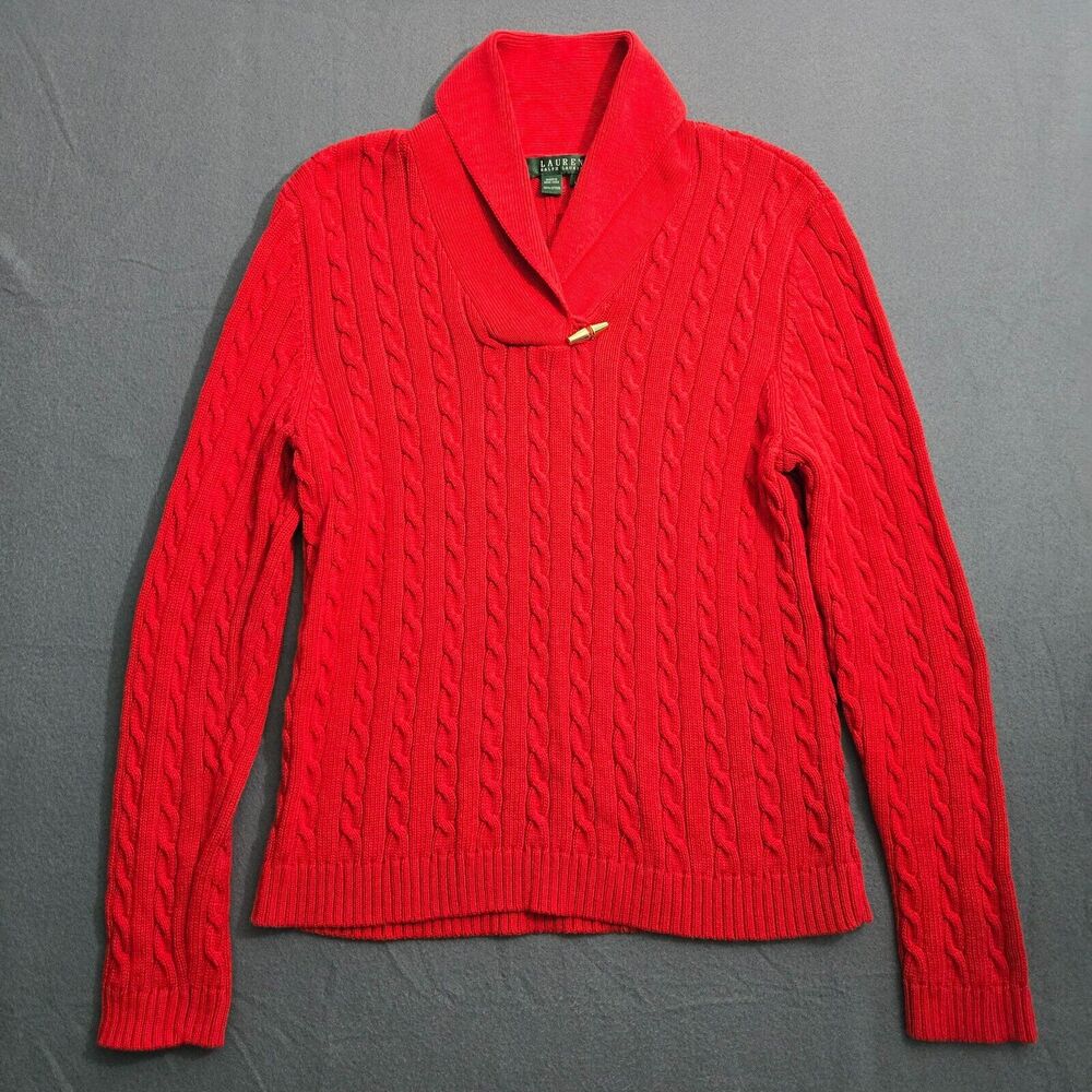 Lauren Ralph Lauren Sweater Women L Cable Knit Red Pull Over Cozy Academia